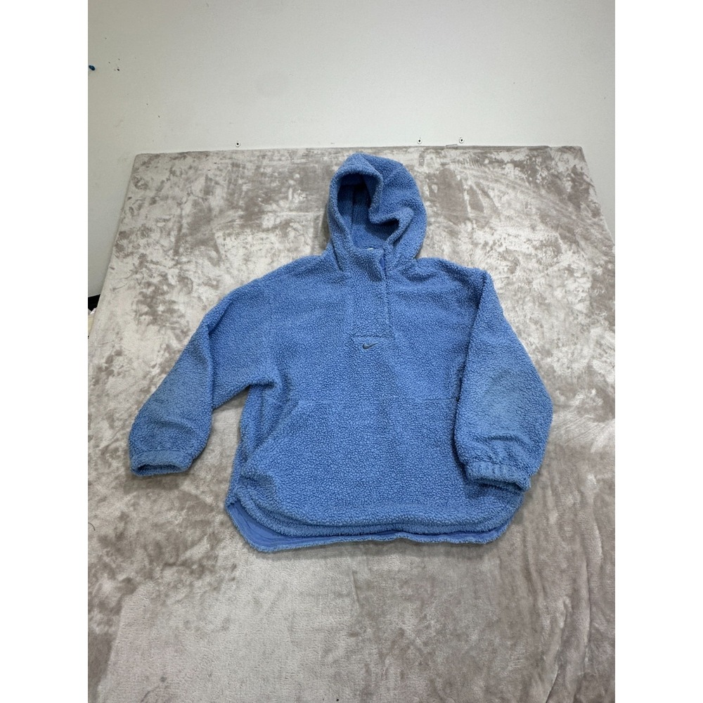 Nike Therma-FIT Women's L Hoodie Blue Faux Fur Sherpa Fleece 1/4 Zip Pullover